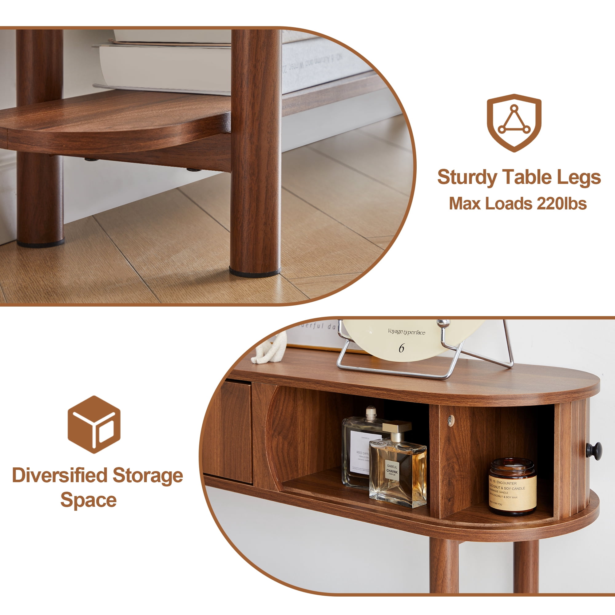 LEFHDA 47.2" Fluted Console Table with Drawers & Tambour Door, Narrow Entryway Sofa Table with Storage for Hallway, Living Room Behind Couch - Rustic Brown