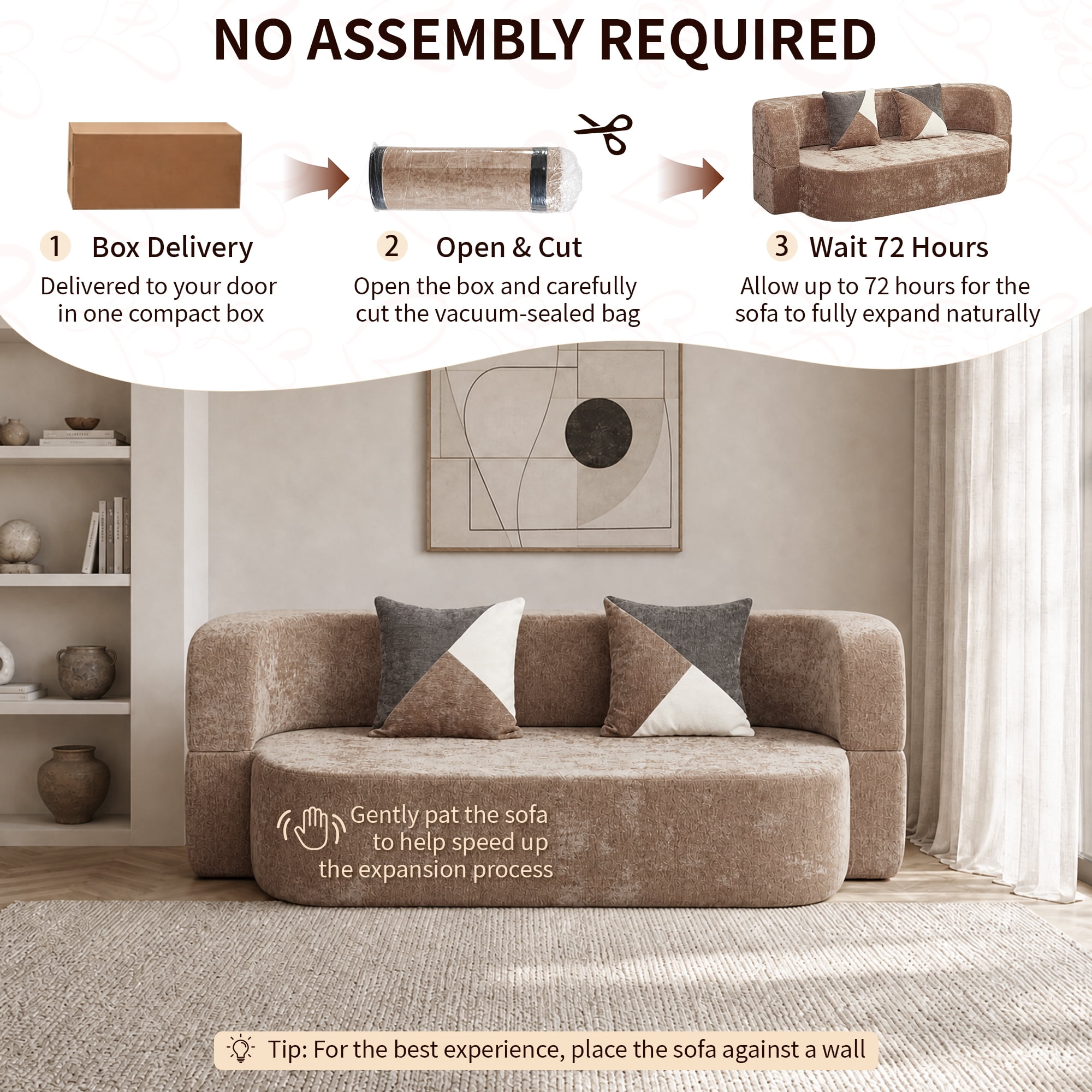 78.74"W Eggshell Convertible Sofa,Floor Couch,Sleeper Sofa Bed,No Assembly High-Density Sponge Loveseat with 2 Pillows for Living Room, Apartment,Small Spaces,Taupe Beige