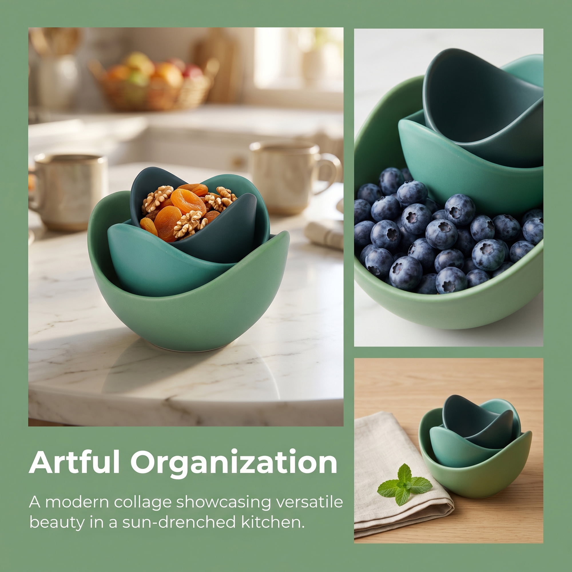 Unique Bargains 3Pcs Ceramic Floral Petal Jewelry Dish Tray Bowls Dark Green 3Pcs