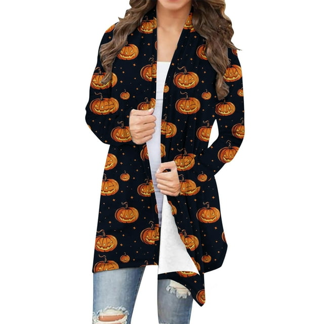 Womens Gothic Cardigans Pumpkin Print Long Sleeve Covers Up Loose Fitted Cardigan Holiday Party Clothes