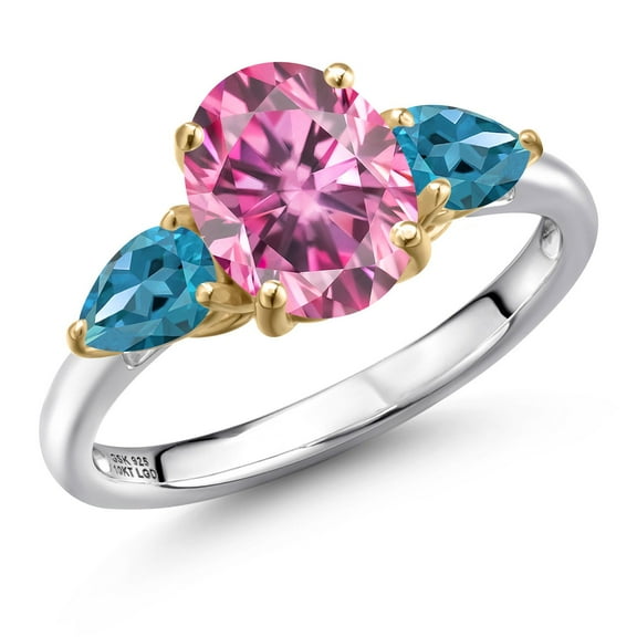 Gem Stone King 925 Silver and 10K Yellow Gold Pink Moissanite and London Blue Topaz Engagement Ring for Women | 2.80 Cttw | Oval 9X7MM | Gemstone Birthstone | Size 9