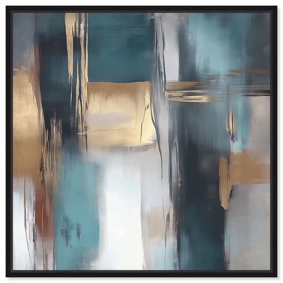 Art Remedy Abstract with Gold Canvas, 12" x 12", Black Frame, Reflections in Teal and Ochre I