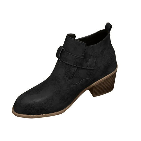 Black Pointed Toe Ankle Boots For Women With Belt Buckle And Thick Heel Comfortable And Stylish For Casual And Dressy Wear