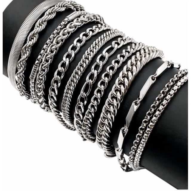 12pzs Pulseras Acero Inoxidable Cubano Eslabón Plata Hombre