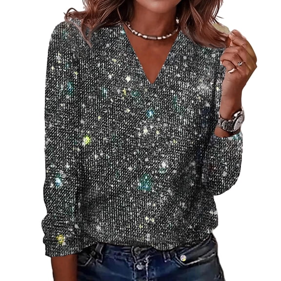Womens Sequin Tops Fashion Casual Blouses Sparkly V Neck Shirts Holiday Party Shimmer Long Sleeve Dressy Top Dark Gray S