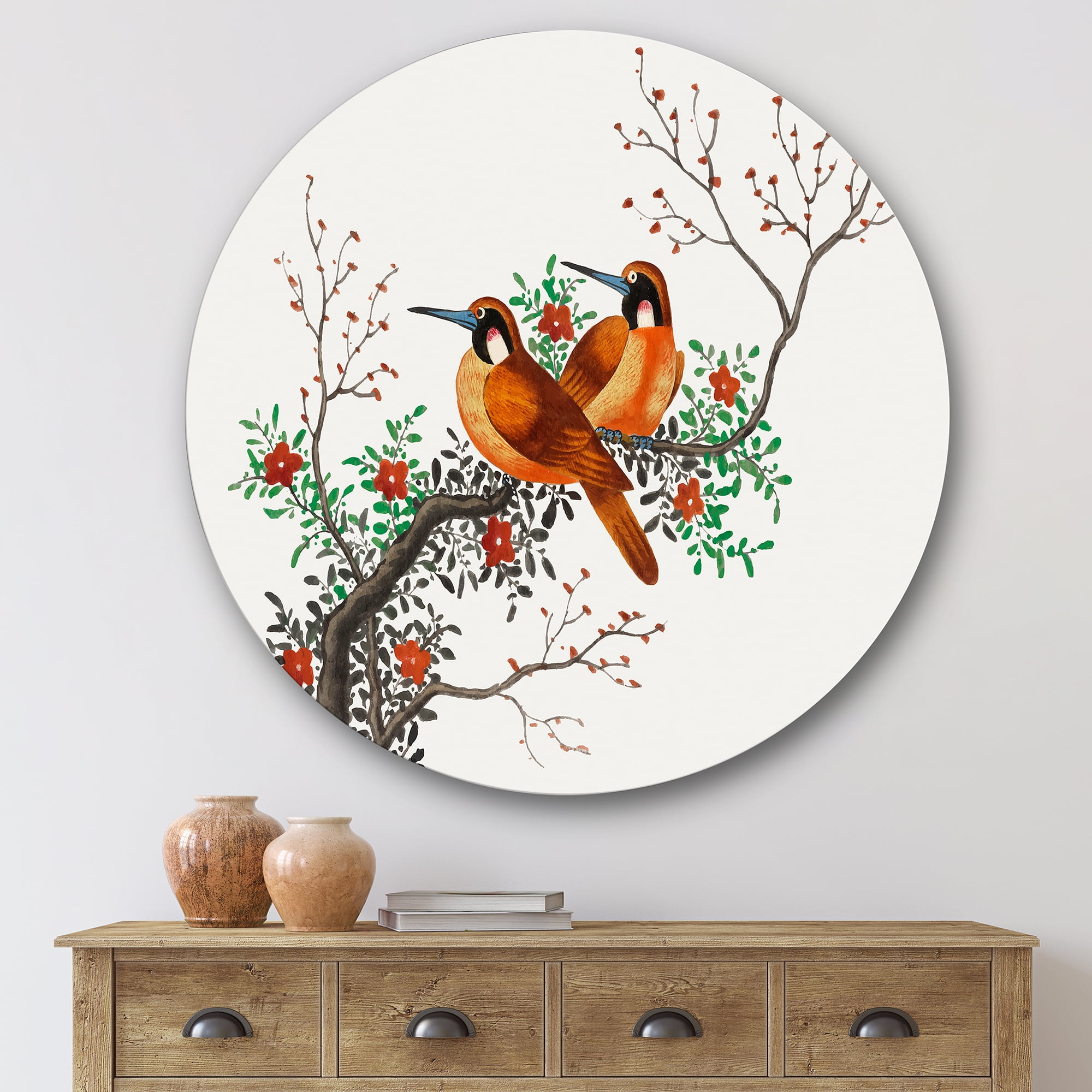Designart 'A Flowering Tree Branch With Two Chinese Birds' Traditional Circle Metal Wall Art 36x36 - Disc of 36