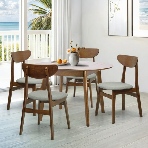 5 Piece Dining Table Set, 4 Solid Wood Yumiko Chairs w Edison Extendable Round Dining Table, Dining Room Set, Medium Brown Color