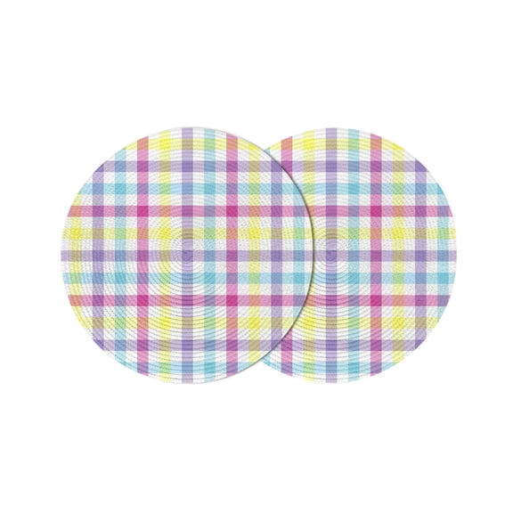 Spring Easter Checkered Round 13 Inch Placemats Set of 2, Colorful Buffalo Plaid HeatResistant Non Slip Place Mats for Dining Table, Wipeable Braided Kitchen Table Mats for Housewarming