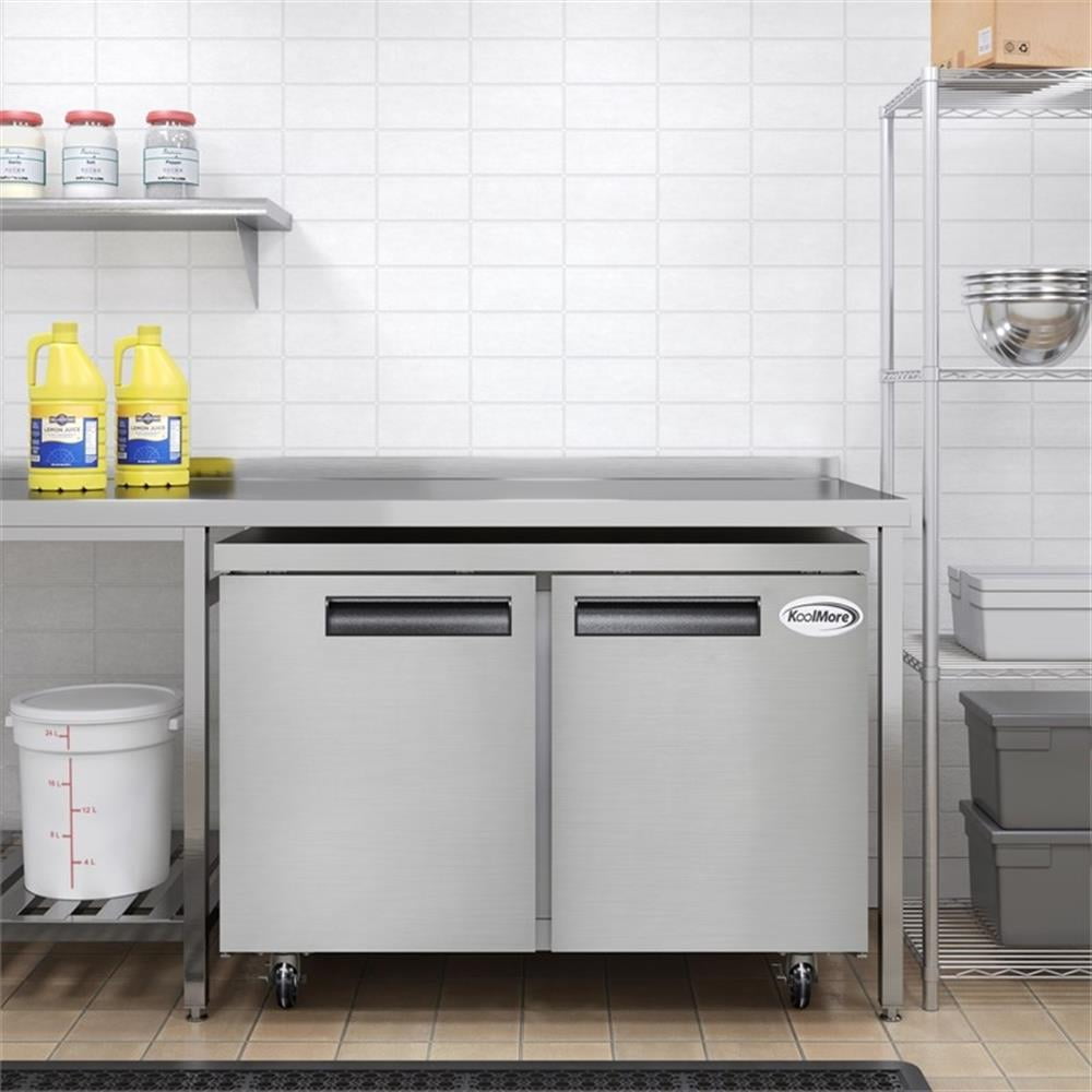 Pemberly Row 48" Two-Door Commercial Undercounter Freezer with Casters in Silver