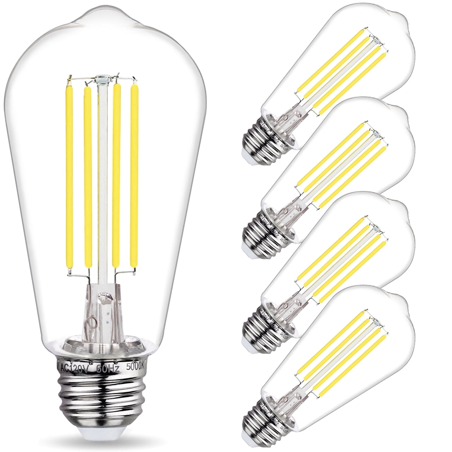 5-Pack ST58 LED Edision Bulbs 60 Watt, Daylight White 5000K, E26 Base, Dimmable, 800 Lumens, Shatterproof