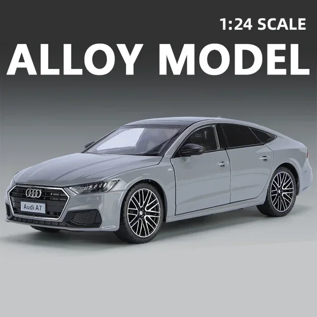1:24 Audi A7 Toy Car Model Diecast Alloy Vehicle Miniature Pull Back Sound & Light Doors Openable Collection Gift For Boy Kid gray no box
