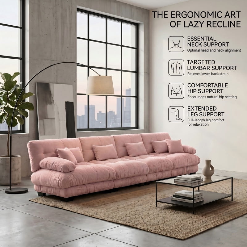 ANPPORT Cloud Couch Sleeper Sofa, Chenille Pink 4-Seater Modular Sofa, 4 Lumbar pillows, 2 Pillows, Comfy Deep Seat Cloud Sofa, Convertible L-Shaped Floor Couch for Living Room