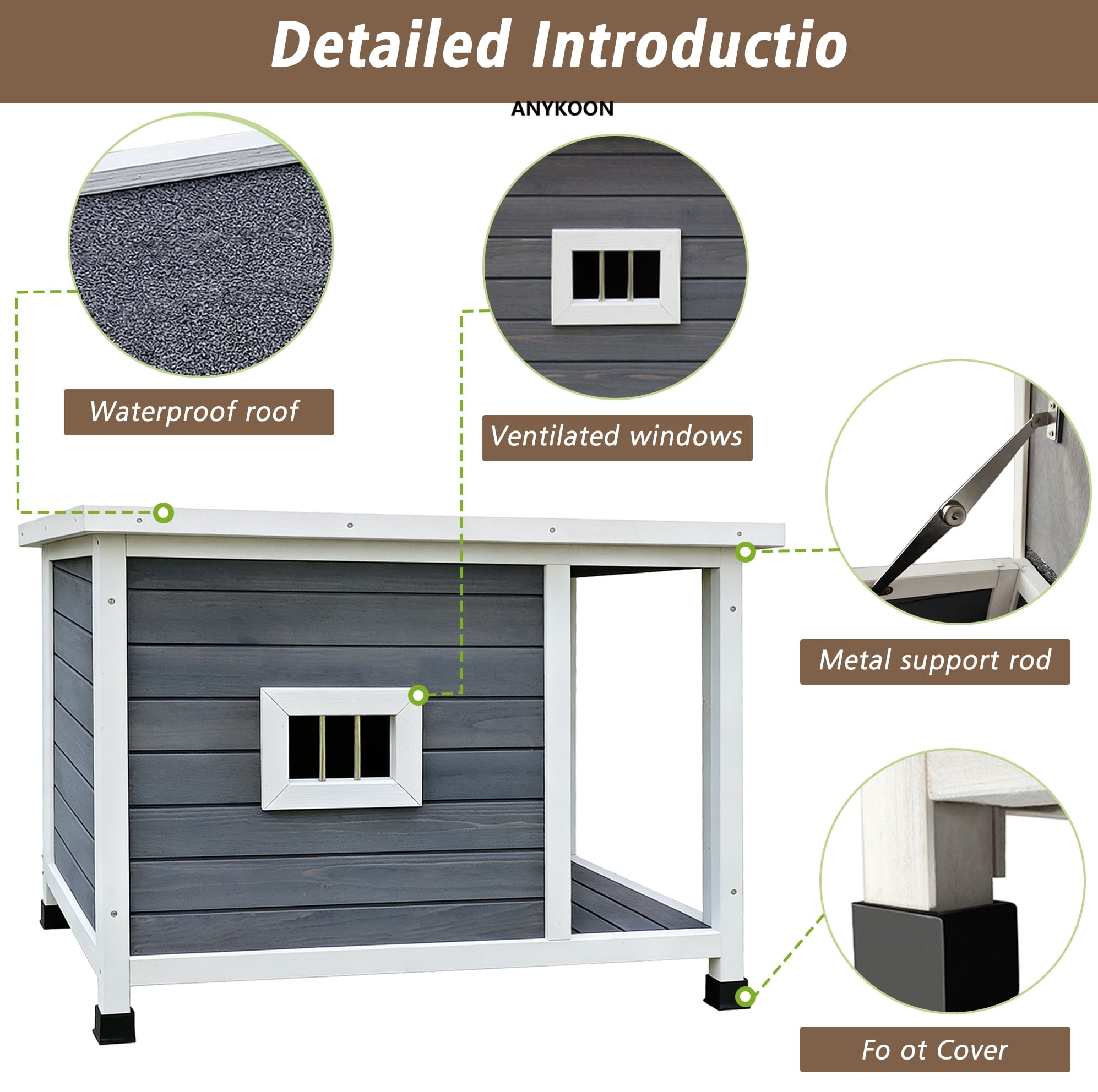 ANYKOON Waterproof Outdoor Cat House - All-Weather Shelter with Ventilated Windows, Sturdy Metal Frame and Easy Clean Roof