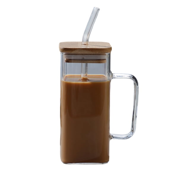 Leodye 1PCS Exquisite 14OZ Clear Glass Cup with Lid and Straw, Versatile Drinking Glasses for Beer Iced Coffee Milk Tea, Reusable Tumbler for Home Daily Beverage -5.5*2.4IN