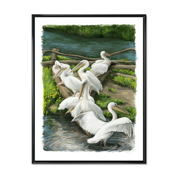 Pelicans Resting Near The river Water 20 in x 12 in Framed Painting Canvas Art Print, by Designart