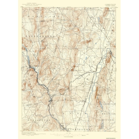 Topographical Map - Granby Connecticut Sheet - USGS 1892 - Vintage Wall Art
