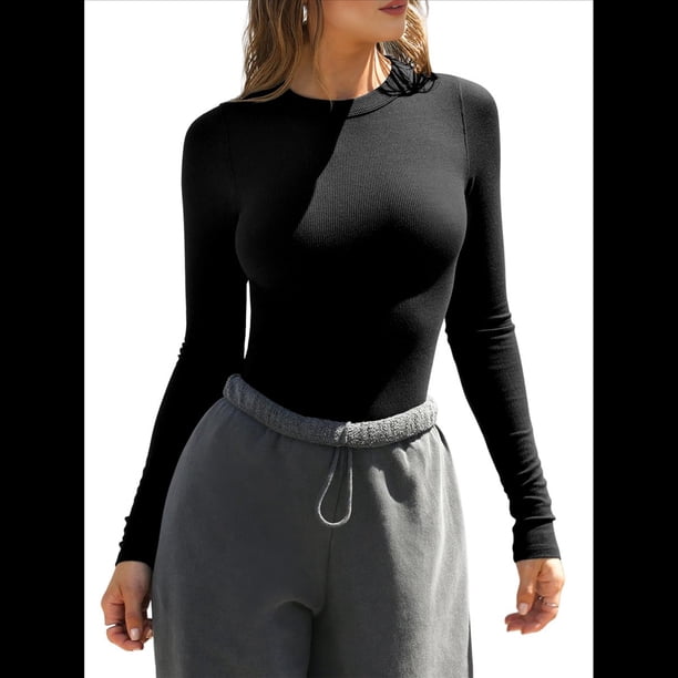 Camisetas Básicas de Cuello Redondo y Larga para Mujer, Corte Ajustado, Ropa Informal para Salir y Hacer Ejercicio, Camisetas de Punto Acanalado. Negro XL