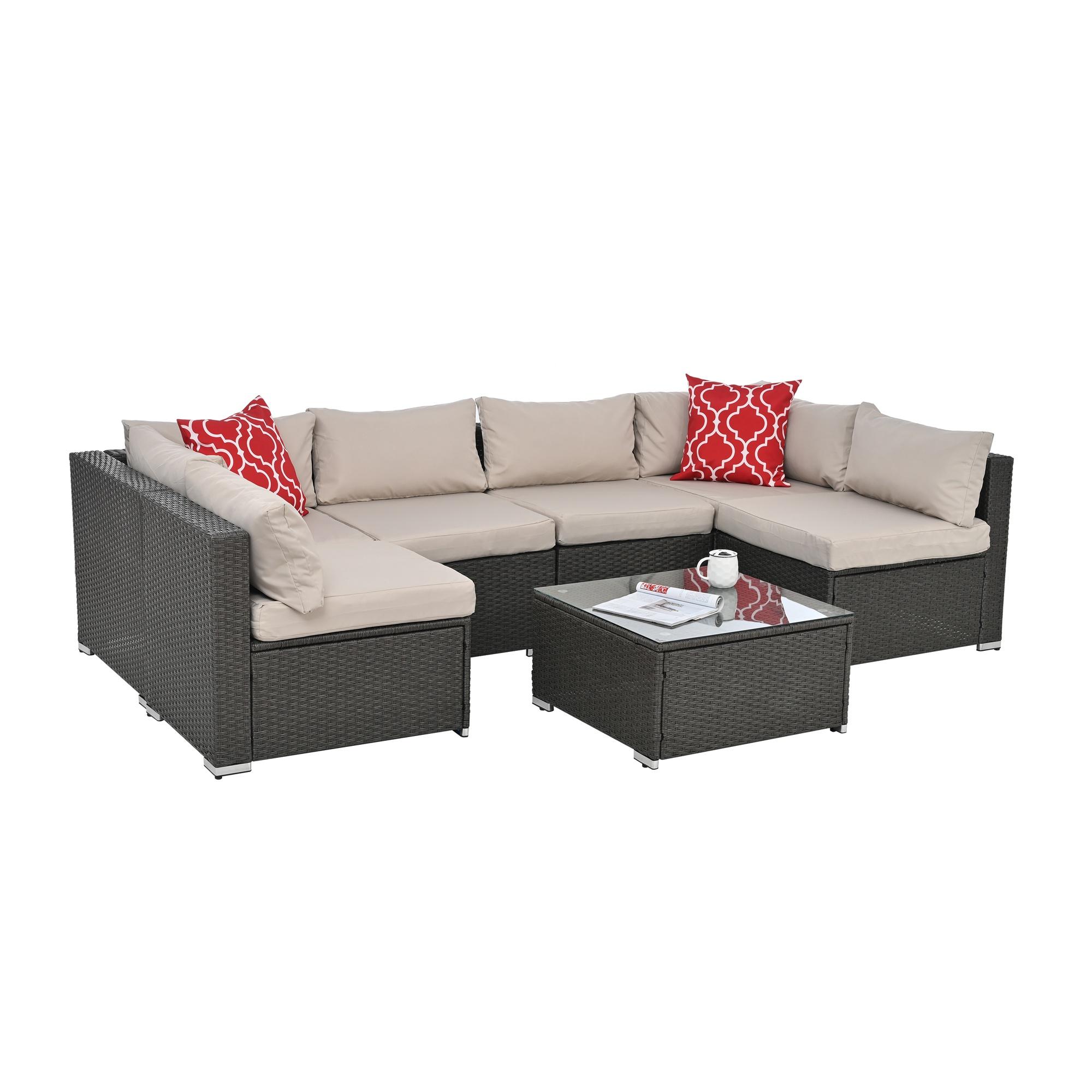 Wicker Patio Sofa Sets, 7 Pieces Outdoor Seating Sets, Lounge Sofa and Tempered Glass Coffee Table, Deck Front Garden Furniture Set, Gray Rattan + Beige Cushion - image 5 of 10