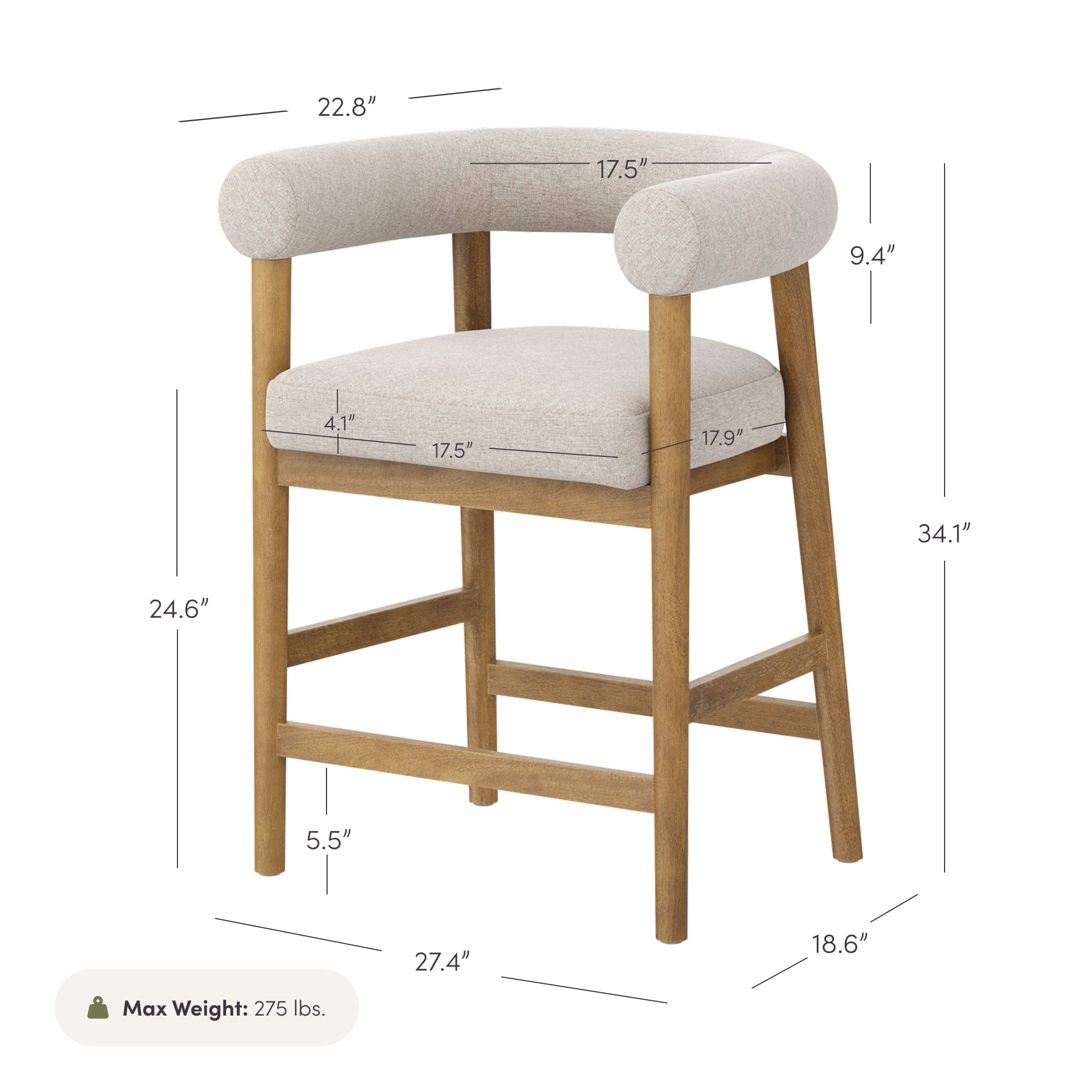 Nathan James Demi Modern Barrel Bar Stool with Solid Wood Legs and Natural Flax Upholstery, Wooden Bistro Bar Stool with Curved Back, Flax/Light Brown