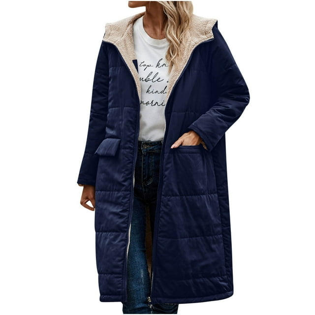 CEHVOM Manteau Long en Coton Réversible pour Femmes, Hiver, Décontracté, Ample, Mode, à Poches Colorées, à Fermeture Éclair, Liquidation