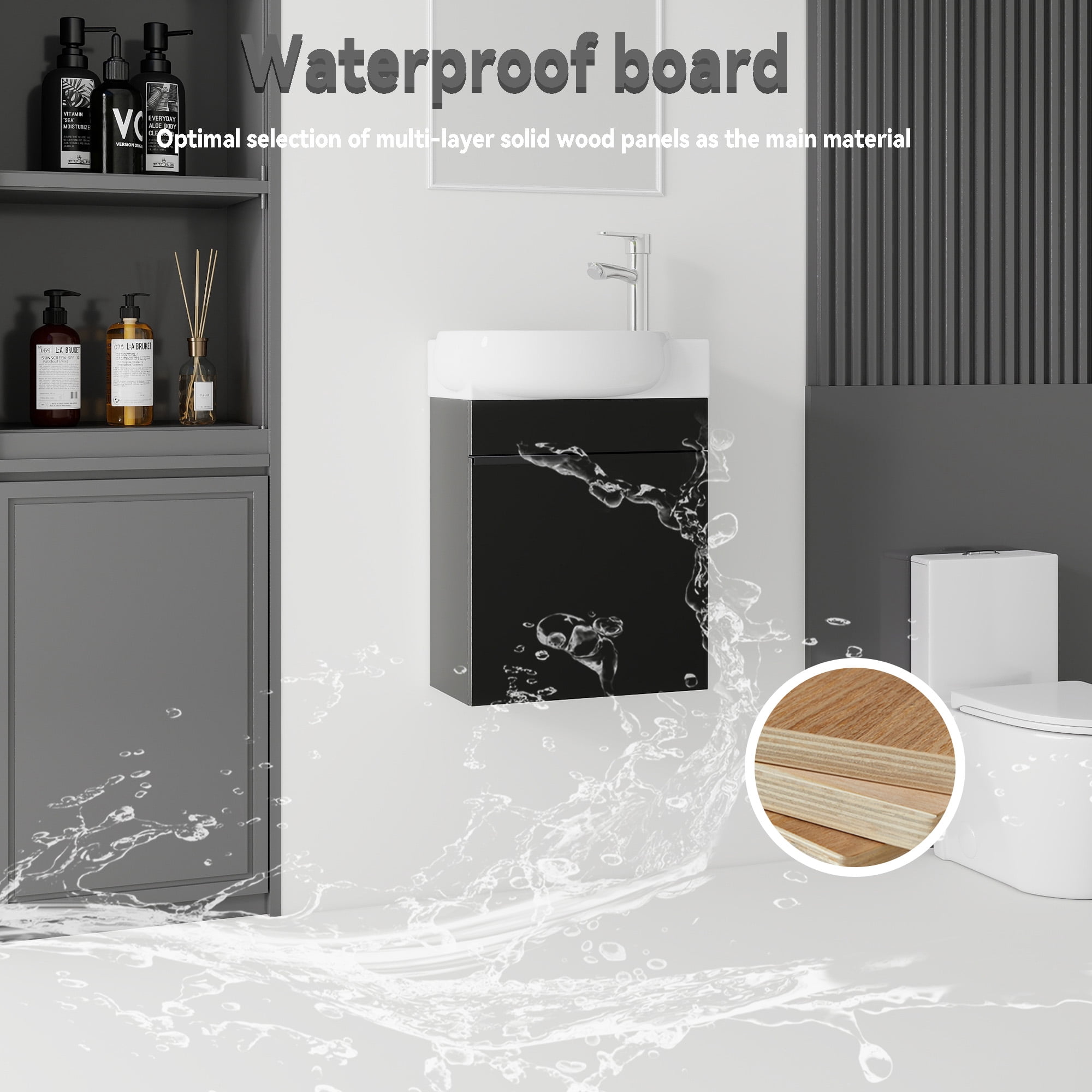 Leumius 16" Wall-Mount Bathroom Vanity Cabinet with with Ceramic Sink & Soft‑Close Doors for Small Space,Bathrooms,Black