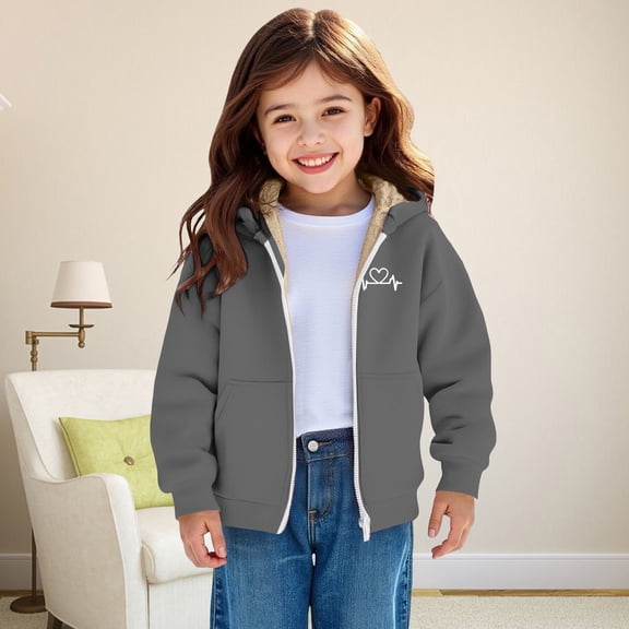 CPNG Boys Girls Fleece Jacket Love Heart Print Hoodie Thermal Warm Sherpa Pullover Lined Long Sleeve Full Zip Up Hooded Sweatshirt Kids Fall Winter Jackets