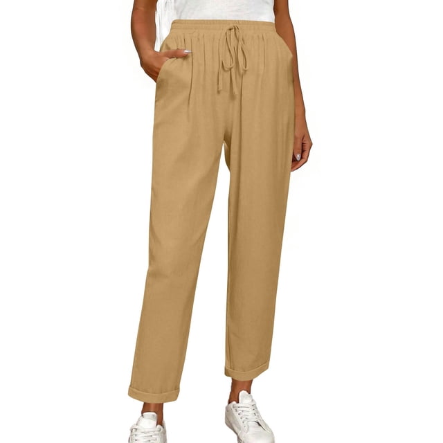 Pantalones elásticos de la cintura para las mujeres verde oliva cordón sólido bolsillo Jogger longitud completa