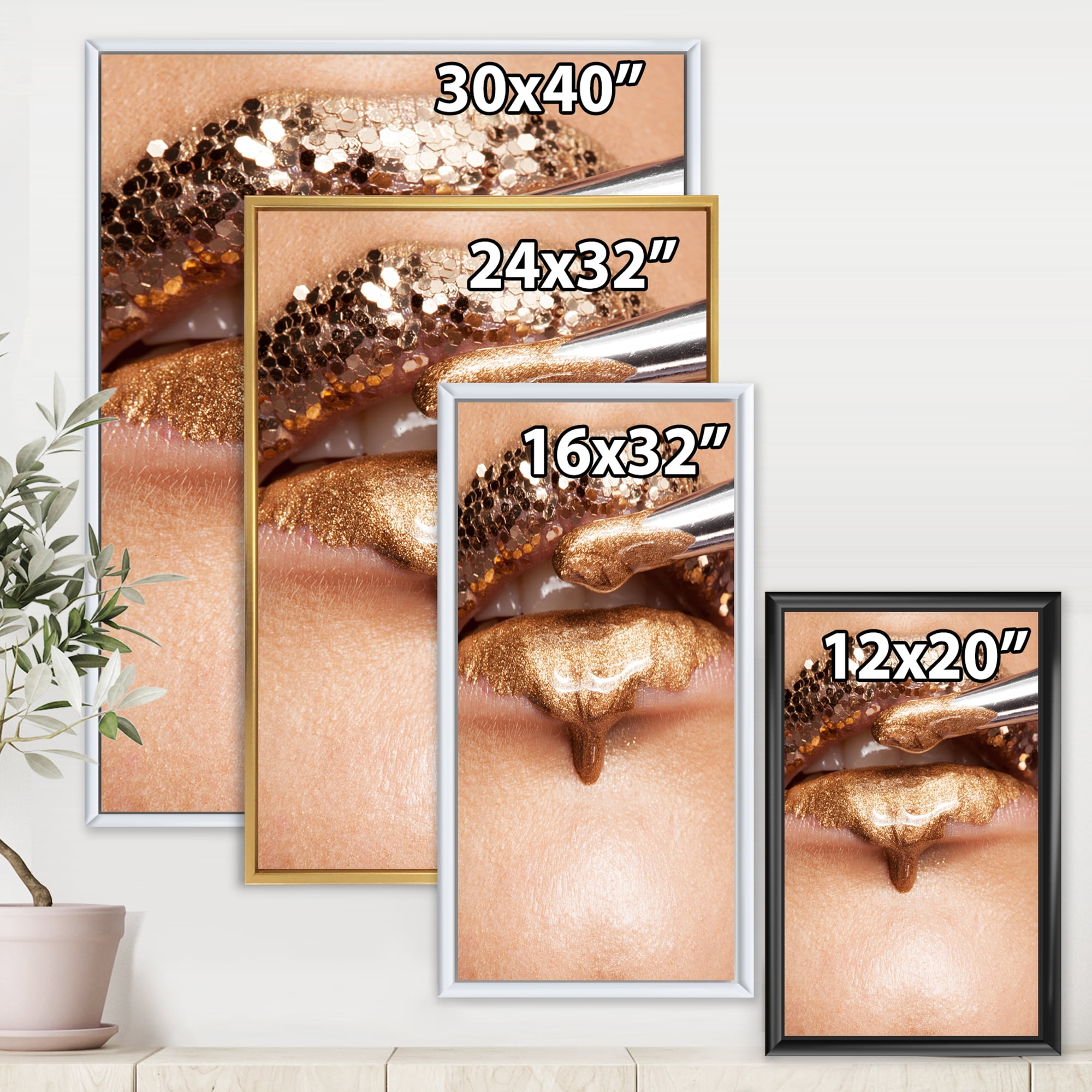 Lipstick and Makeup On The Face Of A Beautiful Model 12 in x 20 in Framed Photography Canvas Art Print, by Designart