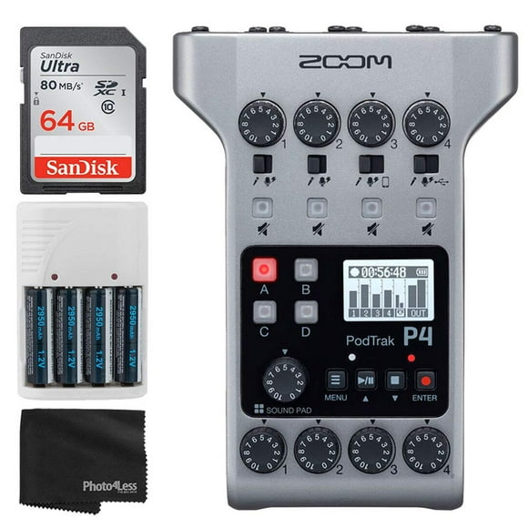 Zoom PodTrak P4 Portable Multitrack Podcast Recorder + 64GB Ultra SDXC Memory Card + 4X AA Batteries & Charger + Cleaning Cloth - Ultimate Podcasting Bundle