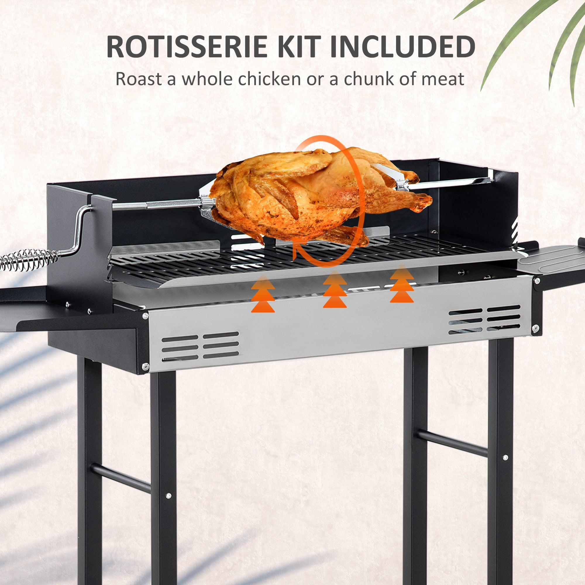 Outsunny BBQ Rotisserie Grill, Charcoal Split Roaster, Black