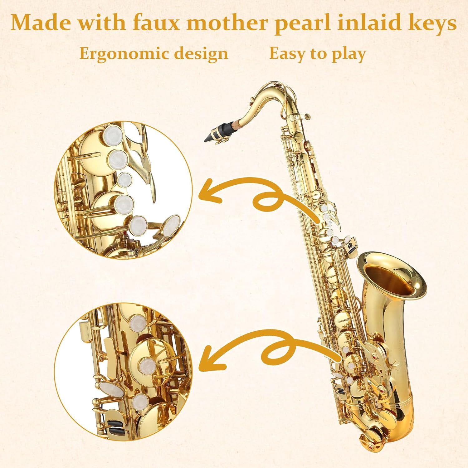 Senfot AS200 B-Flat Tenor Saxophone, Gold Lacquer with Mouthpiece, Reeds, Strap, Case, Cleaning Cloth & Brush, Tenor Sax for Beginners & Professionals