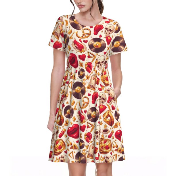 Balery Skull Retro record lips Vestidos sueltos de manga corta para mujer, vestidos de verano 2025, vestidos casuales de corte A con vuelo.