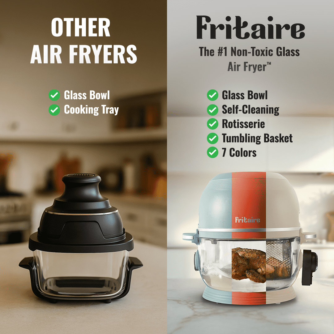 Fritaire Self-Cleaning Glass Bowl Air Fryer, 5 Qt, 6 Functions, BPA Free, Rotisserie/Tumbler, Black