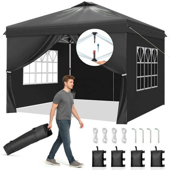 Ktaxon 10x10 Ez Pop Up Canopy Tent,Outdoor Sun Shade Shelter,Outdoor Gazebo,One Push Setup with Sidewalls,1 Roller Bag,4 Sandbags,UPF50 - Black