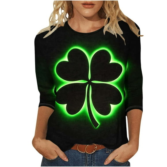 ZVAVZ Womens Sweatshirt Plus Size,Women's 3/4 Length Sleeve Green Graphic Print Tops Spring Patchwork Round Neck Shirt Teacher Saint Patricks Day Shirts Green,3Xl