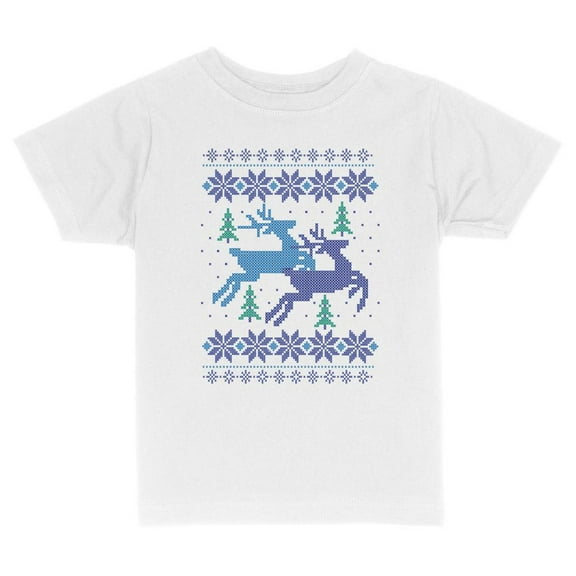 TeesAndTankYou Reindeer Cross Stitch Christmas Toddler Kids T-Shirt 2T White