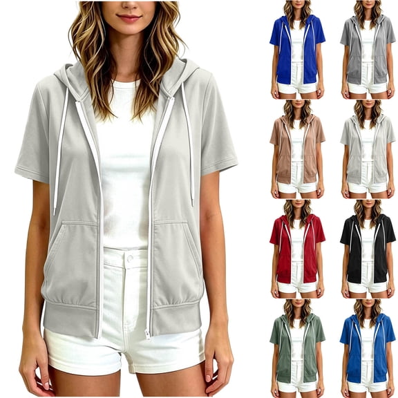 VBVC Women's Short Sleeve Zip Up Hoodie , Lightweight Athletic Jacket For Women , Ladies' Casual Drawstring Workout Tops with Pockets, *White , Large