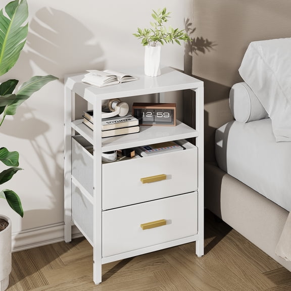 Cacagoo White Nightstand,with 2 Drawers and 2-Tier Shelf, Small Night Stand End Table Side Furniture for Bedroom, Closet, Hallway, Nursery