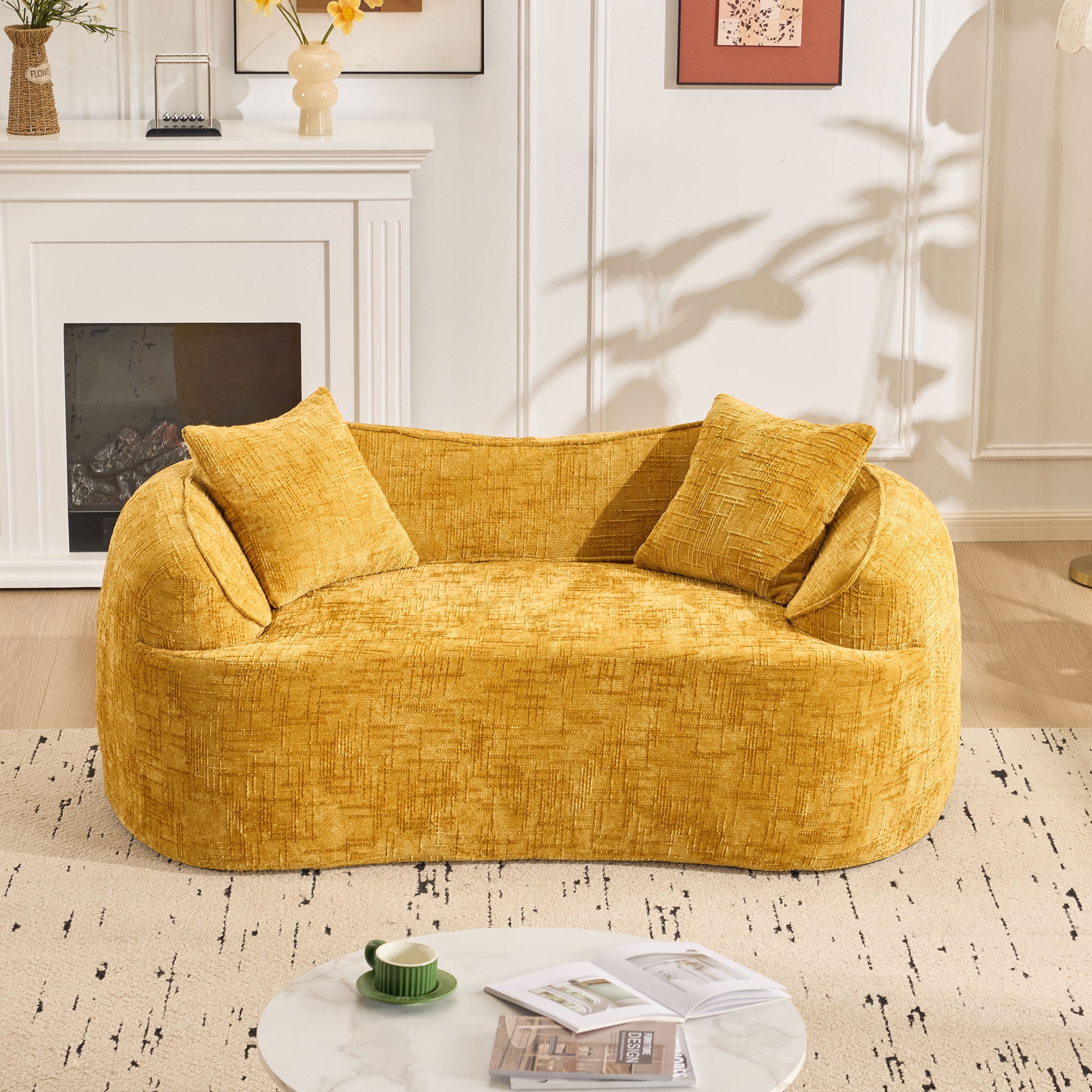 Leumius 66" 2 Seater Sofa Compress Sofa with Armrests & 2 Pillows,No Assembly Required,Compact Sofa Couch for Small Apartments,Living Room,Bedroom,Yellow