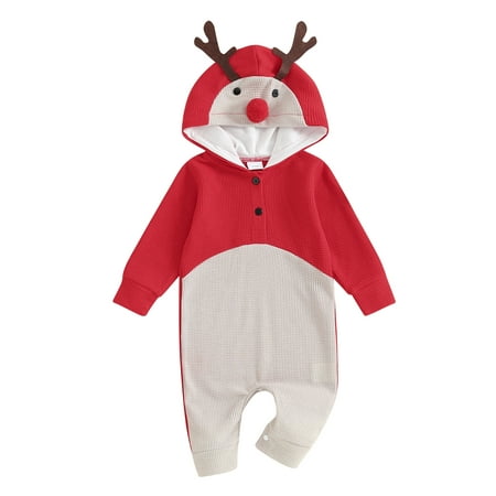 

Huakaishijie Baby Girls Boys Christmas Hoodies Rompers Elk Shaped Hooded Long Sleeve Toddler Fall Waffle Bodysuits