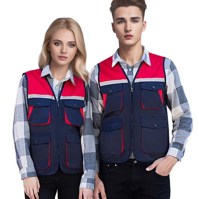 TOPTIE Reflective Working Vest with 4 Pockets Color Block Zipper Front High Visibility with Reflective Strips-Navy-L