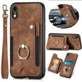 thumbnail image 1 of ELEHOLD for iPhone XR Case with Ring Holder, iPhone XR Wallet Case with RFID Blocking Card Holder Wristlet Strap, Magnetic Button Flip Folio Kickstand Shockproof Phone Cover,Brown, 1 of 10