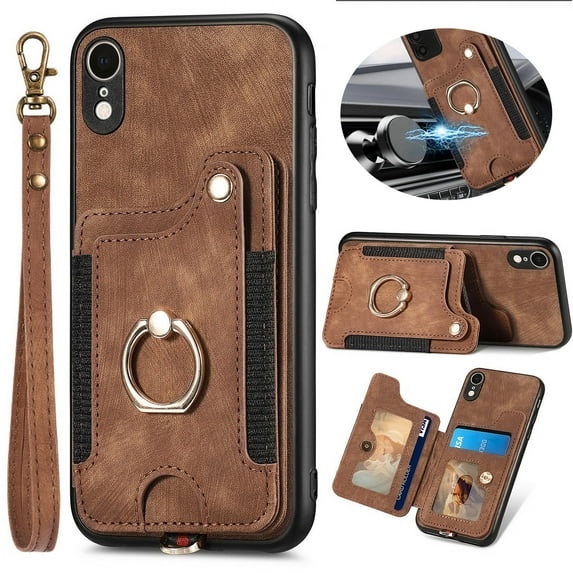 ELEHOLD for iPhone XR Case with Ring Holder, iPhone XR Wallet Case with RFID Blocking Card Holder Wristlet Strap, Magnetic Button Flip Folio Kickstand Shockproof Phone Cover,Brown