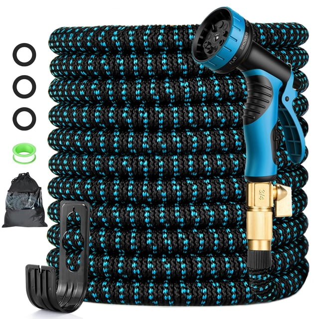 Boyau d'Arrosage Extensible 100 Pi, Boyau d'Eau Léger avec Buse à 10 Fonctions et Raccords en Laiton Massif 3/4 Pouces, Rétractable et Rabattable Sans Pli