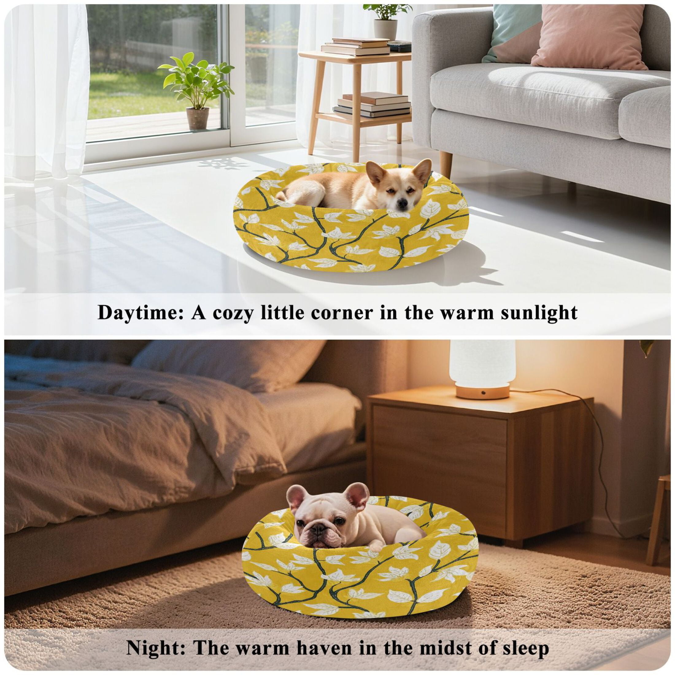 Iauyy Pet Couch Donut Cat Bed for Indoor Cats/Small Dogs Washable & Machine with Non-slip Bottom Calming Cat Furniture, Vine Leaves (S)