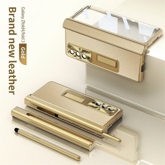 Cowithday for Samsung Z Fold 3 Case with Screen Protector Pen Holder Hinge Protection Magnetic Kickstand PU Leather Shockproof All-inclusive Case Cover for Samsung Galaxy Z Fold3 5G 7.6", Gold