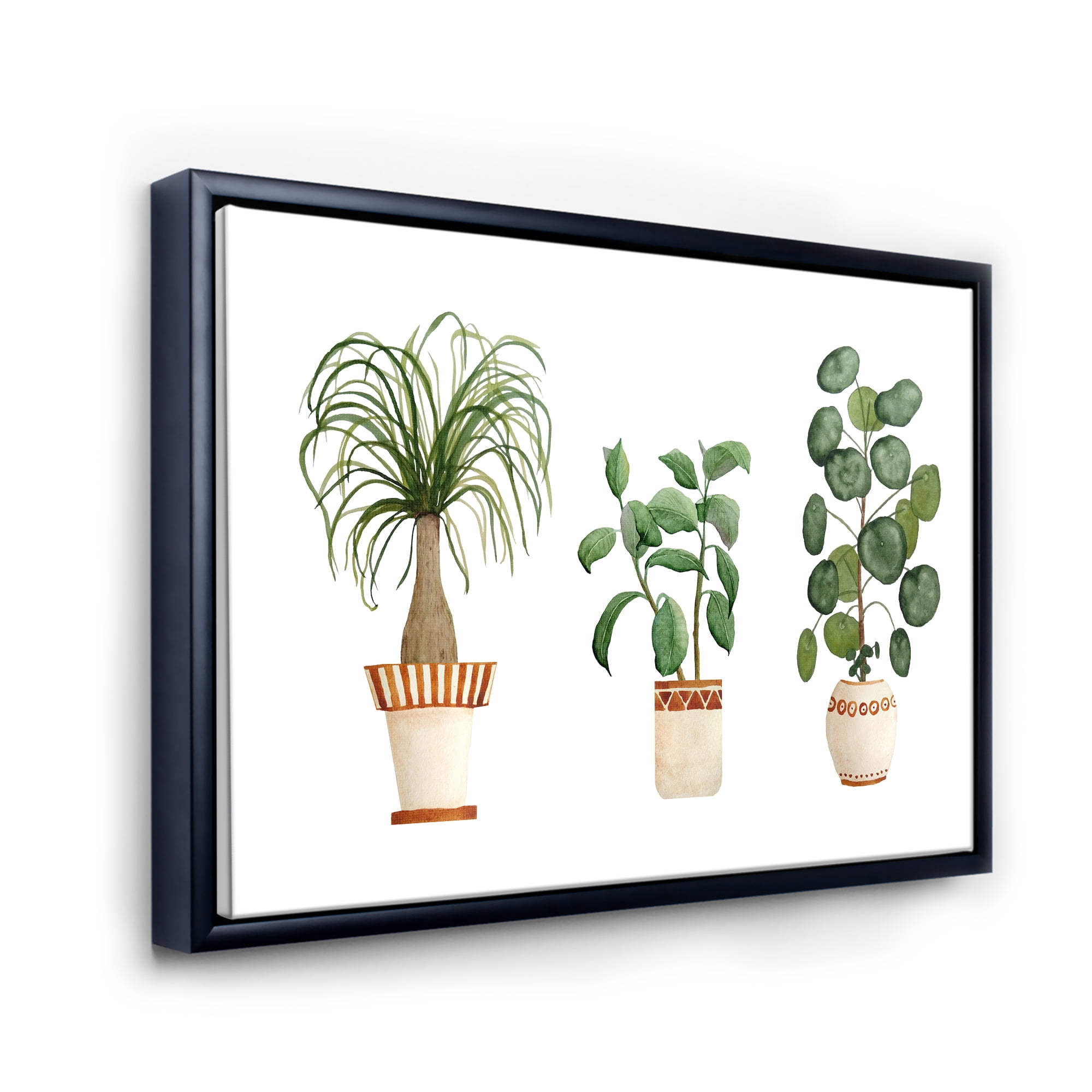 Designart 'Trio of House Plants Ficus Ponytail and Palm' Traditional Framed Canvas Wall Art Print