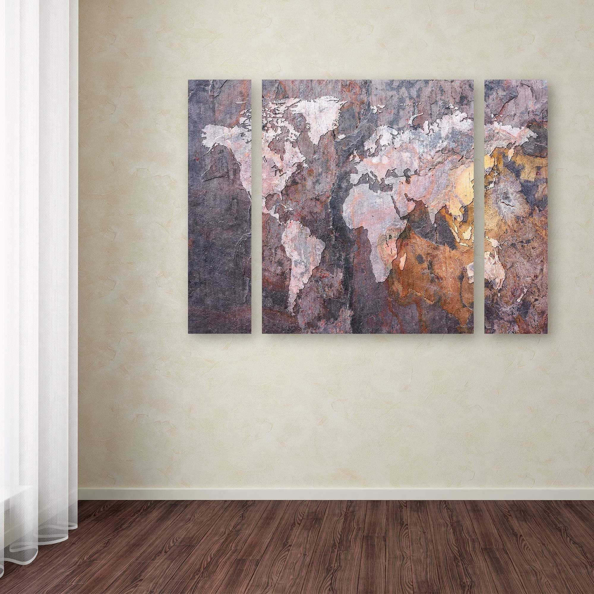 Trademark Fine Art "World Map Rock" Canvas Art by Michael Tompsett Three Panel Set