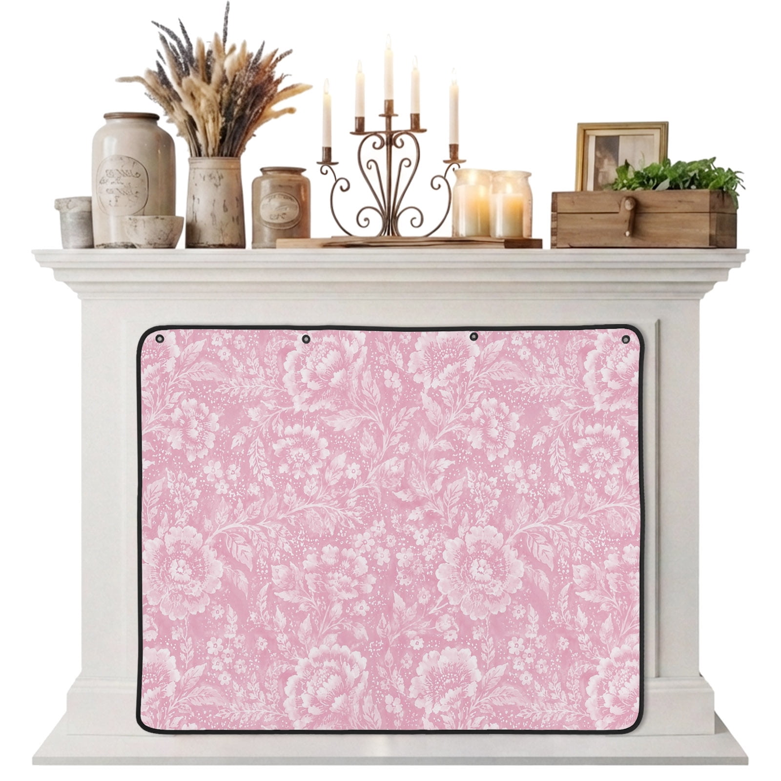 Magnetic Fireplace Cover Pink Damask Floral Fireplace Screen Spring Summer Petal Leaves Insulation Fireplace Blocker Blanket Save Energy Fireplace Draft Stopper Covers for Living Room 36x30