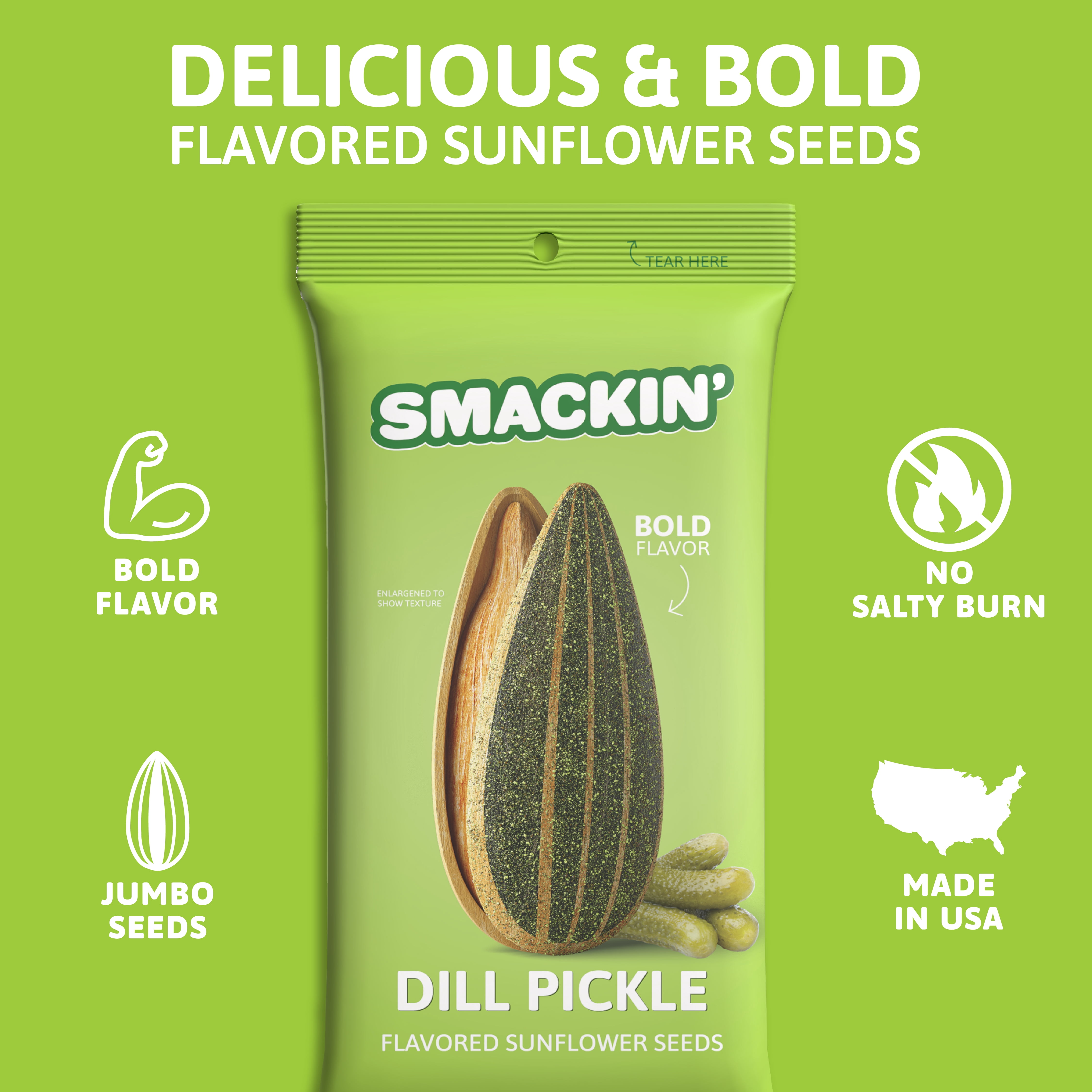 SMACKIN' - Jumbo Roasted Sunflower Seeds, No Salty Burn, American Made, Easy Pour & Seal - Dill Pickle, 4oz bag (12 Bags)